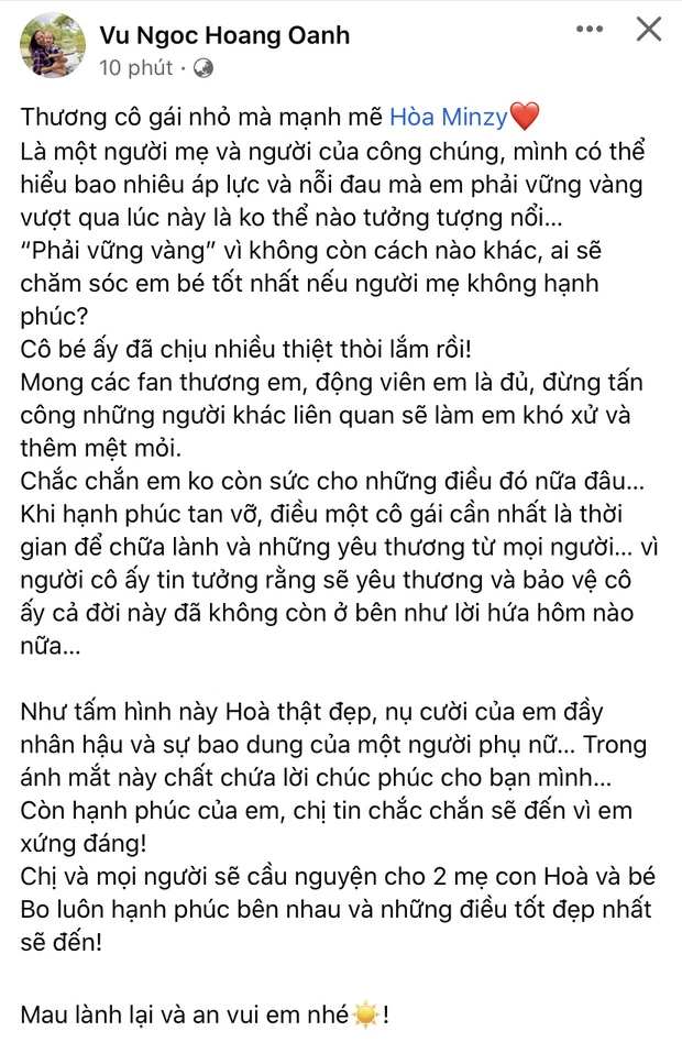 MC Hoàng Oanh còn động viên Hoà Minzy vì thông tin ly hôn. Chính những câu nói quá xúc động của cô nên netizen càng thêm nghi ngờ
