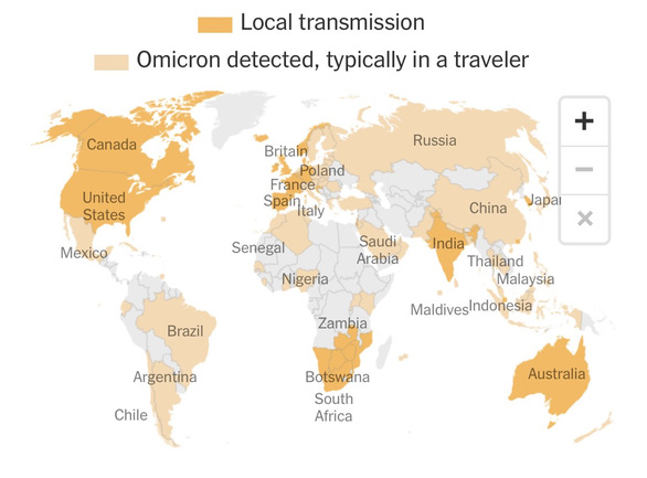 Đến nay biến thể Omicron đã xuất hiện tại hơn 80 quốc gia/vùng lãnh thổ trên nhiều châu lục, trong đó có các nước như Mỹ, Canada, Anh, Nam Phi, Úc, Ấn Độ, Nhật Bản, Trung Quốc.